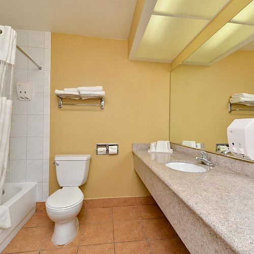 A bathroom with a bathtub, toilet, large mirror, sink, and countertop, with towels on racks and a soap dispenser by the sink.