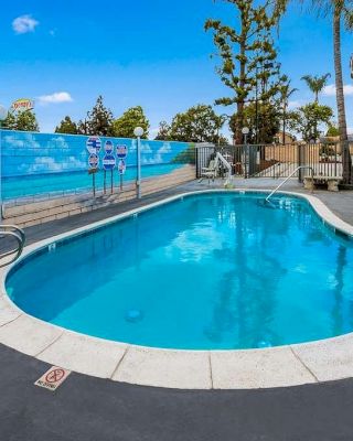 An outdoor swimming pool is surrounded by a safety fence and features a mural of an underwater scene on the adjacent wall.