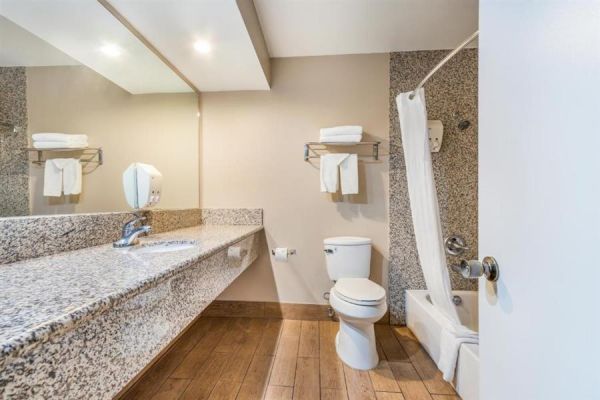 The image shows a clean hotel bathroom with a long countertop, mirror, toilet, and a shower-tub combo, with towels neatly placed on racks.