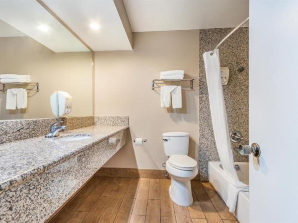 The image shows a clean hotel bathroom with a long countertop, mirror, toilet, and a shower-tub combo, with towels neatly placed on racks.