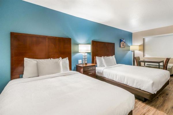 This image shows a hotel room with two neatly made beds, a nightstand and lamp between them, and a table and chairs near a window in the background.