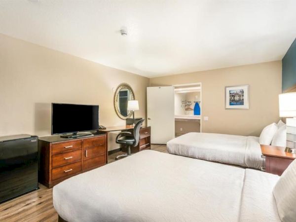 This image shows a hotel room with two beds, a TV, a desk with a chair, a mini-fridge, and a mirror on the wall.
