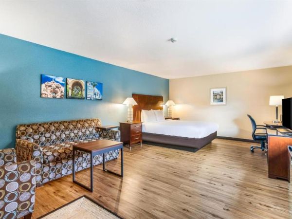 A spacious hotel room features a bed, patterned sofa, desk, chair, and lamps on wooden flooring, with wall art and a TV.