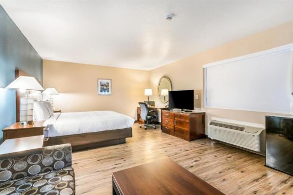 The image shows a cozy hotel room with a bed, a desk and chair, a TV on a dresser, a sofa, and an air conditioner, all beautifully lit.