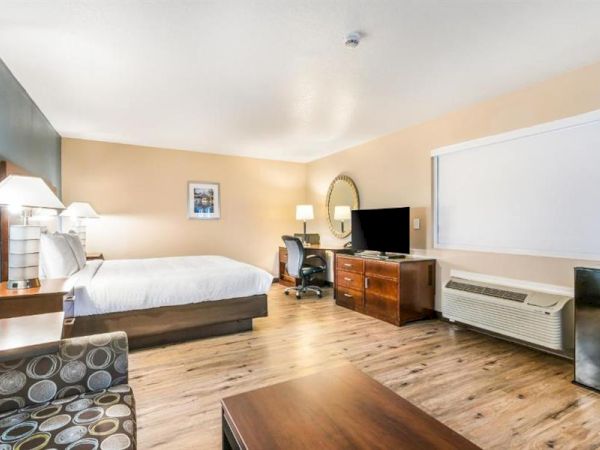 The image shows a cozy hotel room with a bed, a desk and chair, a TV on a dresser, a sofa, and an air conditioner, all beautifully lit.