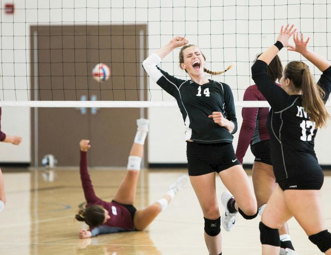 Volleyball players in action on a court; one dives, others celebrate a point with raised arms and expressions of joy.