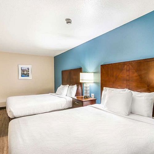 The image shows a hotel room with two neatly made beds against a blue accent wall, with a nightstand and lamp between them, and a wooden floor.