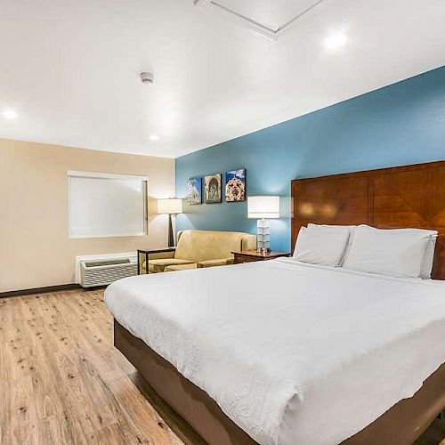 A modern hotel room with a large bed, desk, chair, couch, lamps, and artwork on the walls with a wooden floor and blue accent wall.