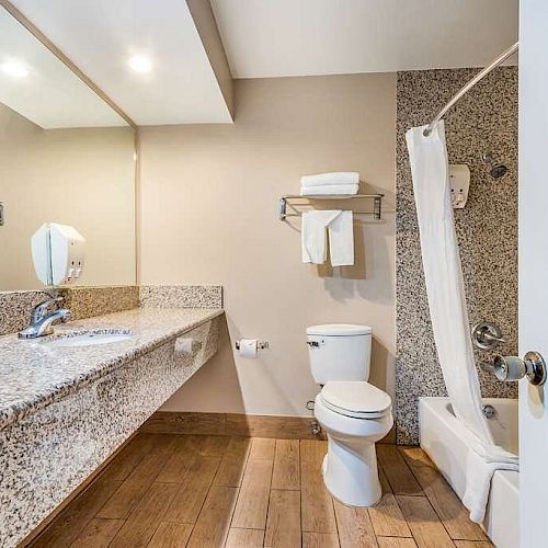 The image shows a modern bathroom with a granite countertop, sink, mirror, toilet, and shower with a curtain. Towels are neatly placed on racks.