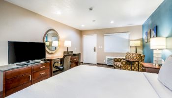 A modern hotel room with a large bed, TV, desk, chair, lamps, and a window. The decor is simple with a mix of neutral and vibrant colors.